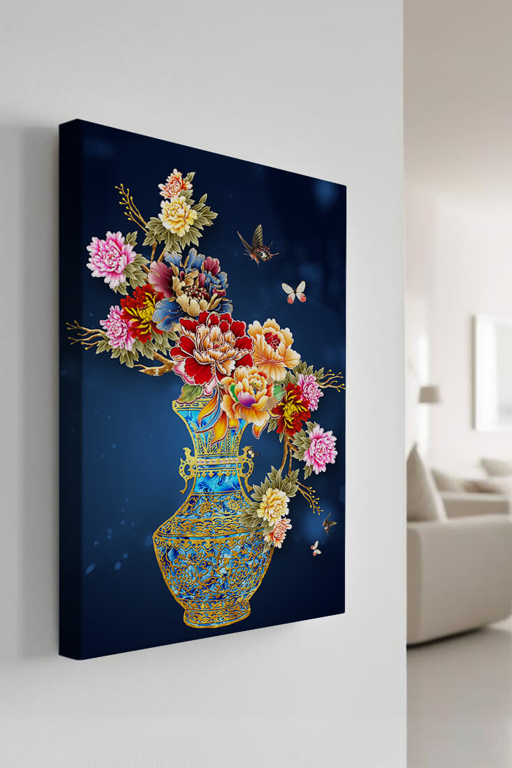 Elegant floral arrangement in ornate gold-accented vase with butterflies