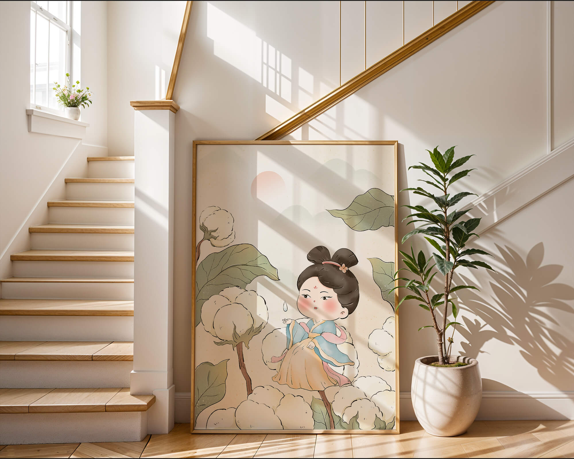 Elegant illustration of a young girl in traditional attire amid cotton plants