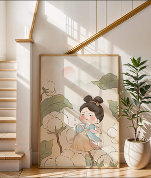 Illustration élégante d'une jeune fille en tenue traditionnelle au milieu de plants de coton
