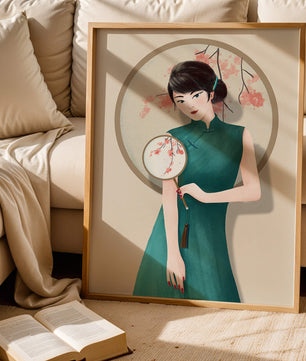 Elegante Illustration einer Frau in traditioneller Kleidung mit einem Fächer mit Kirschblüten