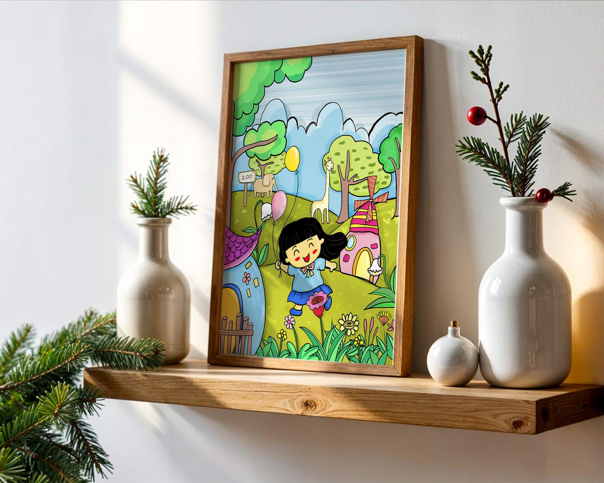 Colorful children's illustration of a joyful zoo visit with animals