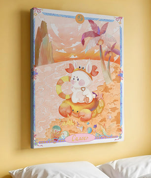 Charming Zodiac Cancer Illustration with Cartoon Bunny on a Beach