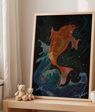 Koi Fish with Abstract Waves in Vibrant Colors