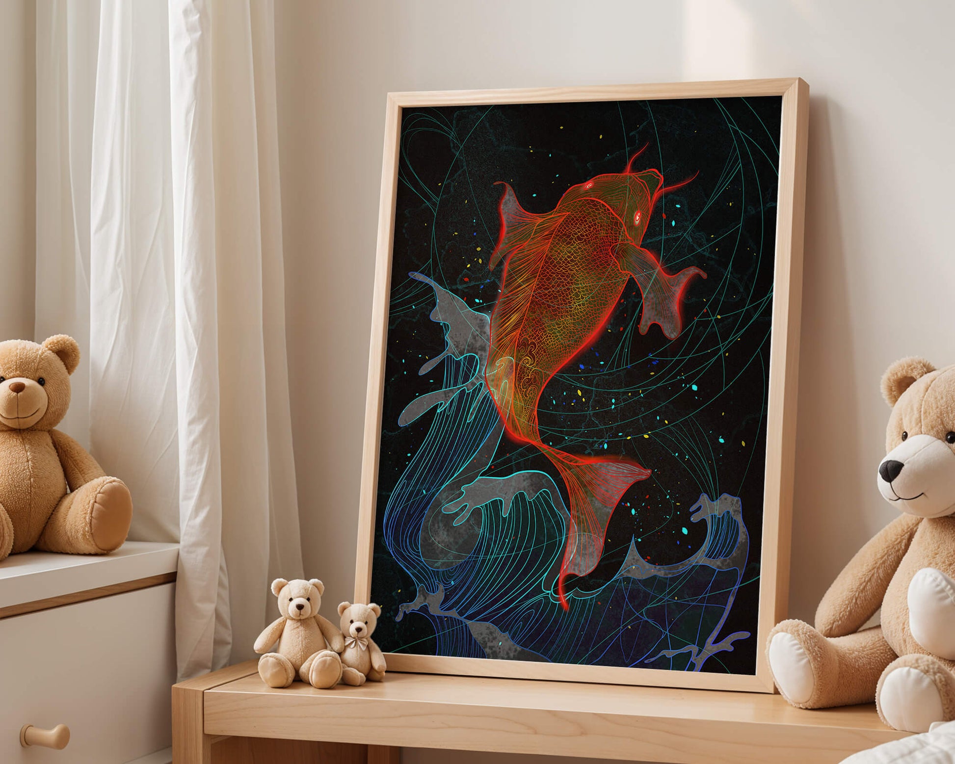 Koi Fish with Abstract Waves in Vibrant Colors