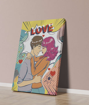 Ilustración de pop art romántico con pareja abrazándose y texto de amor