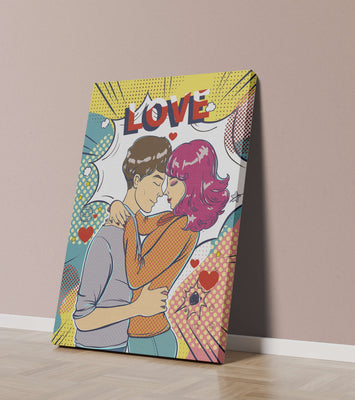 Romantic Pop Art Illustration with Embracing Couple and Love Text