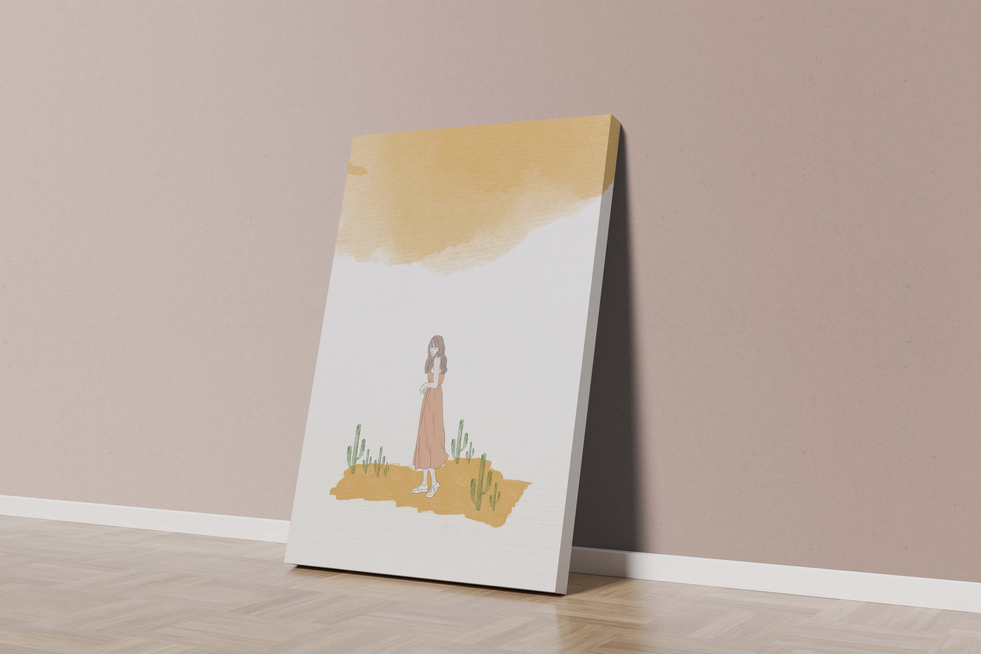 Fille en robe rose debout parmi des cactus sous un ciel aquarelle