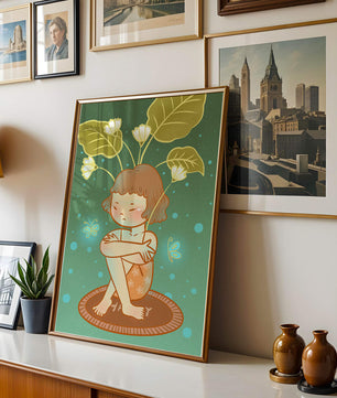 Ilustración de un niño con tocado floral y mariposas