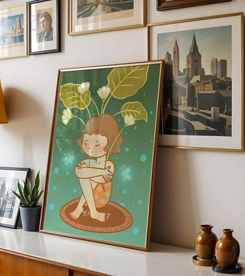 Child with floral headpiece and butterflies illustration