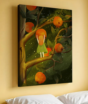 Little Girl Picking Oranges on a Starry Night