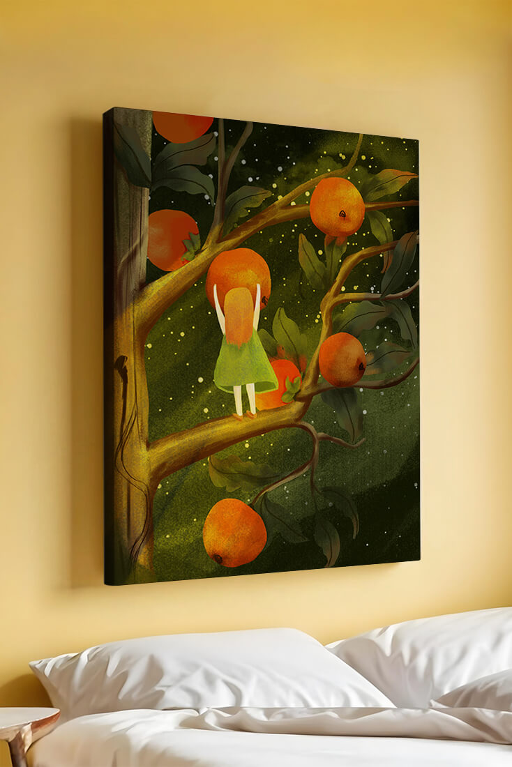 Little Girl Picking Oranges on a Starry Night