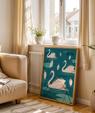 Serene illustration of swans gracefully gliding on a pond with lily pads