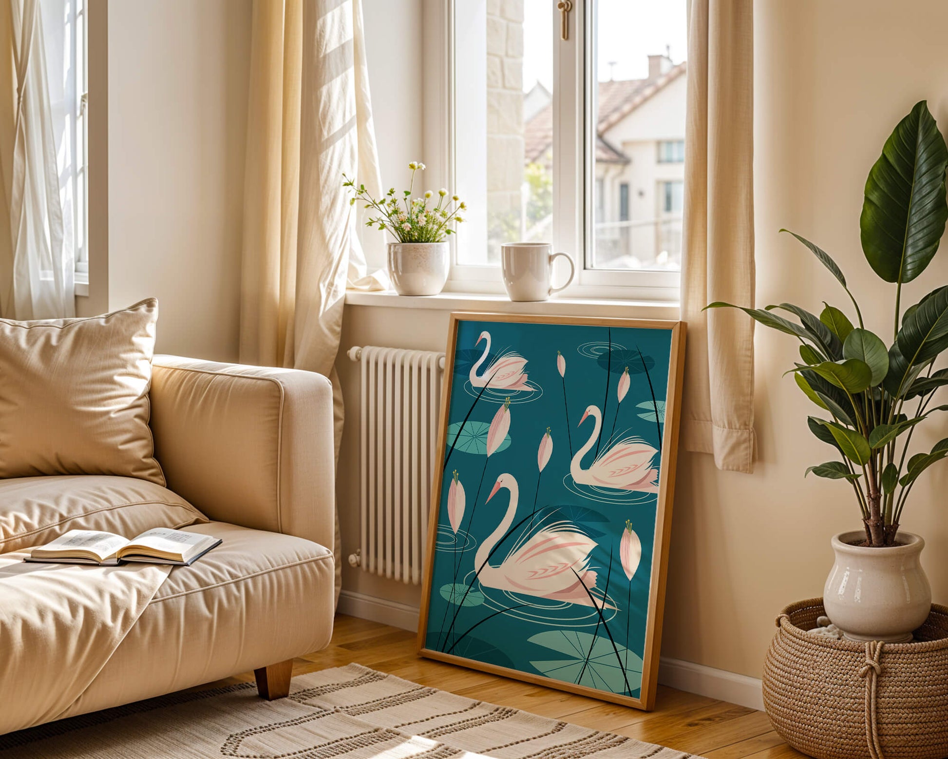 Serene illustration of swans gracefully gliding on a pond with lily pads