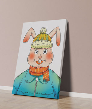 Whimsical cartoon bunny in winter attire with a striped scarf and beanie hat