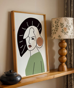 Minimalist Abstract Portrait Featuring Woman with Black Hat and Green Outfit - Mi tienda