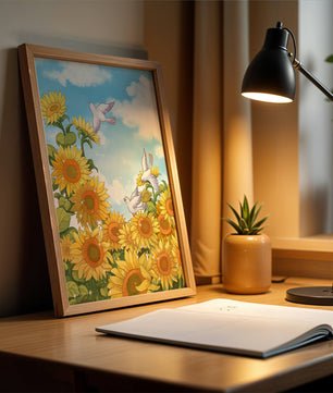 Friedliche Szene mit Sonnenblumen und Tauben unter einem strahlend blauen Himmel
