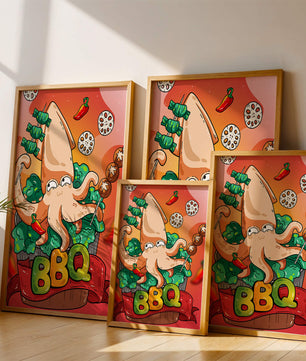 Calamar a la parrilla estilo caricatura peculiar con vegetales