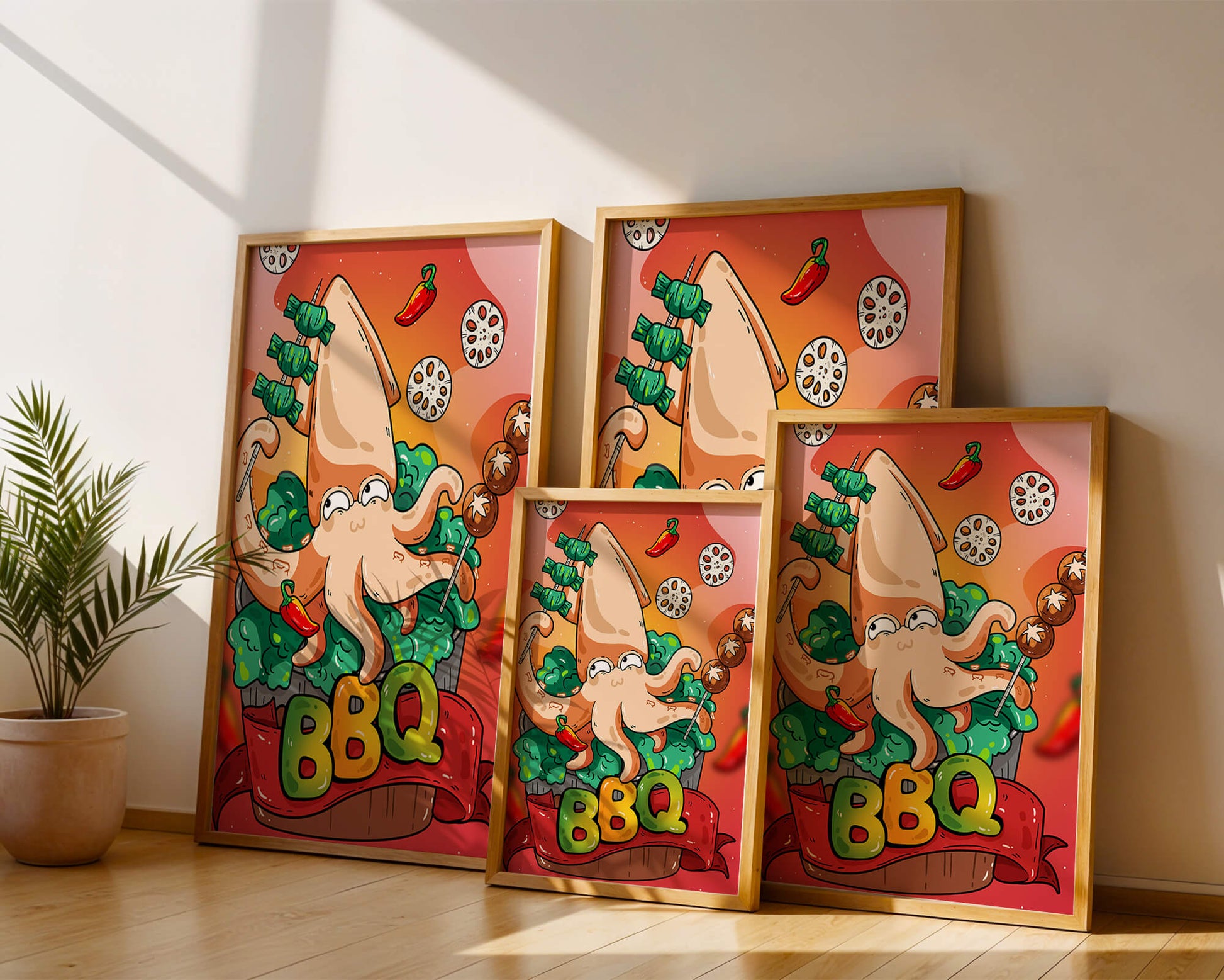 Quirky Cartoon Squid BBQ with Vegetables