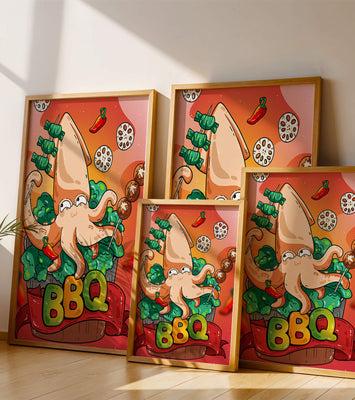 Quirky Cartoon Squid BBQ with Vegetables