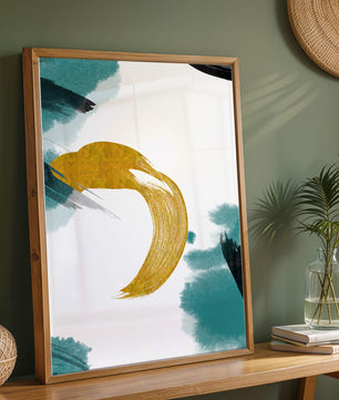 Abstract Gold and Teal Brush Strokes on White Background
