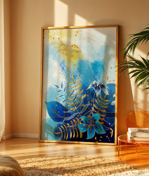 Floral illustration with blue leaves and golden accents on abstract background