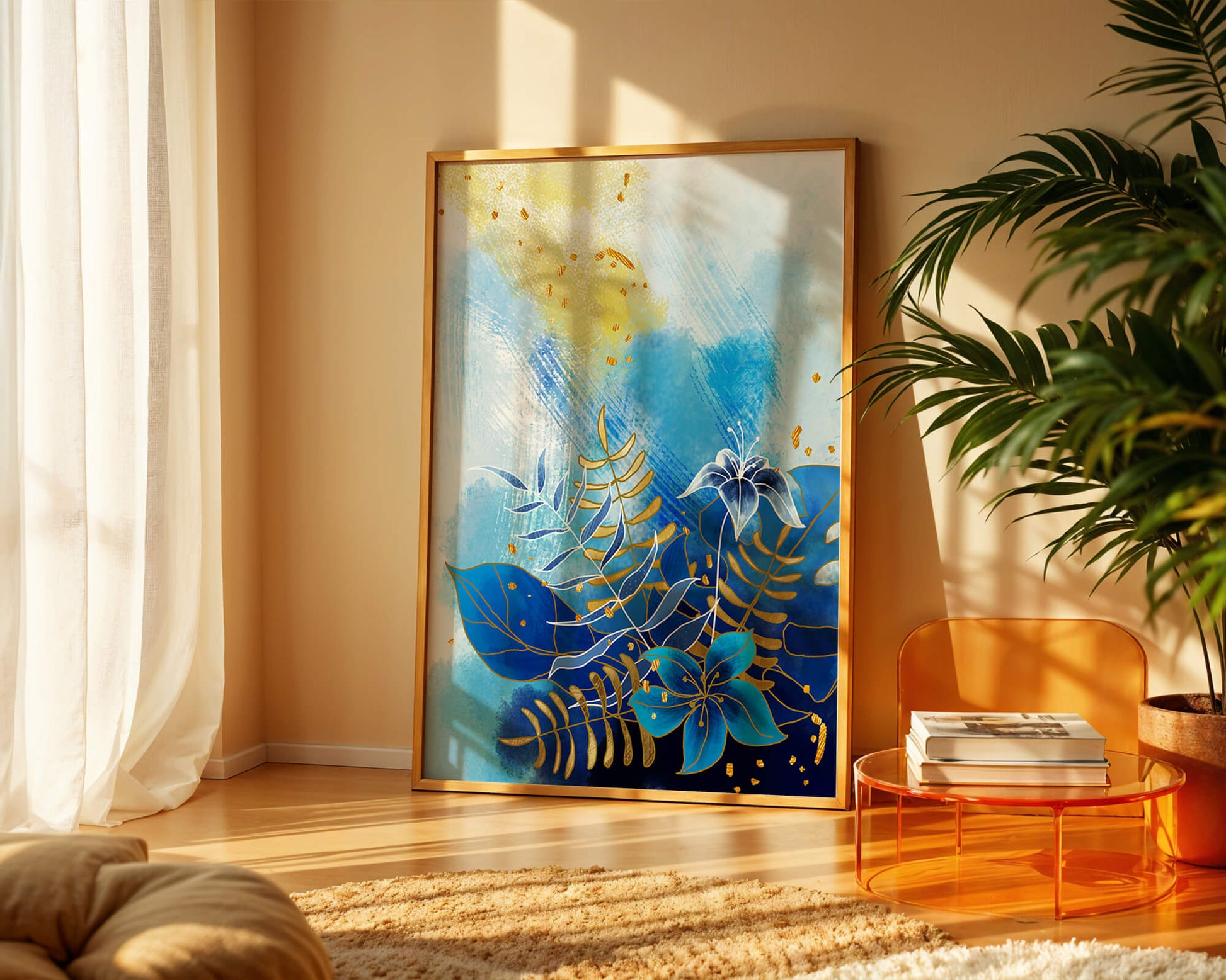 Floral illustration with blue leaves and golden accents on abstract background