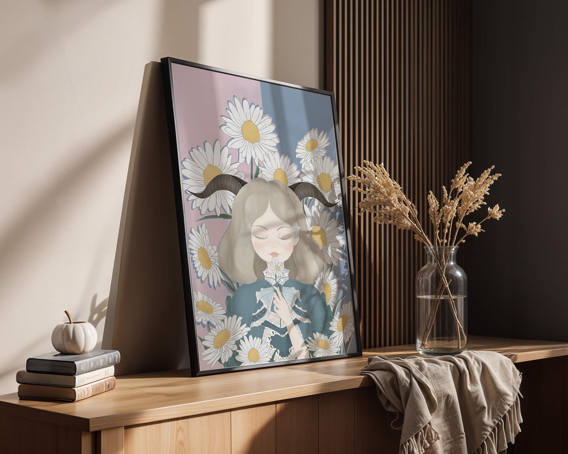 Illustration of girl with daisies and horns on a pastel background