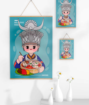 Charming illustration of a person in traditional attire enjoying a meal