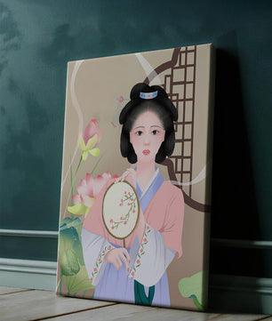 Elegant traditional Asian woman in pastel attire with floral background