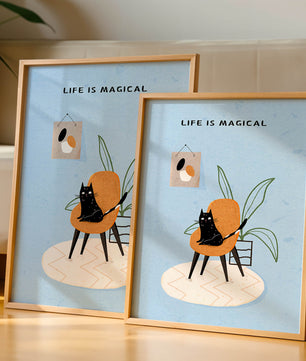 Charming Cat Relaxing on a Chair with Inspirational Quote and Art