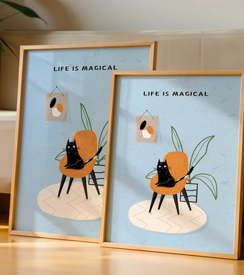 Charming Cat Relaxing on a Chair with Inspirational Quote and Art