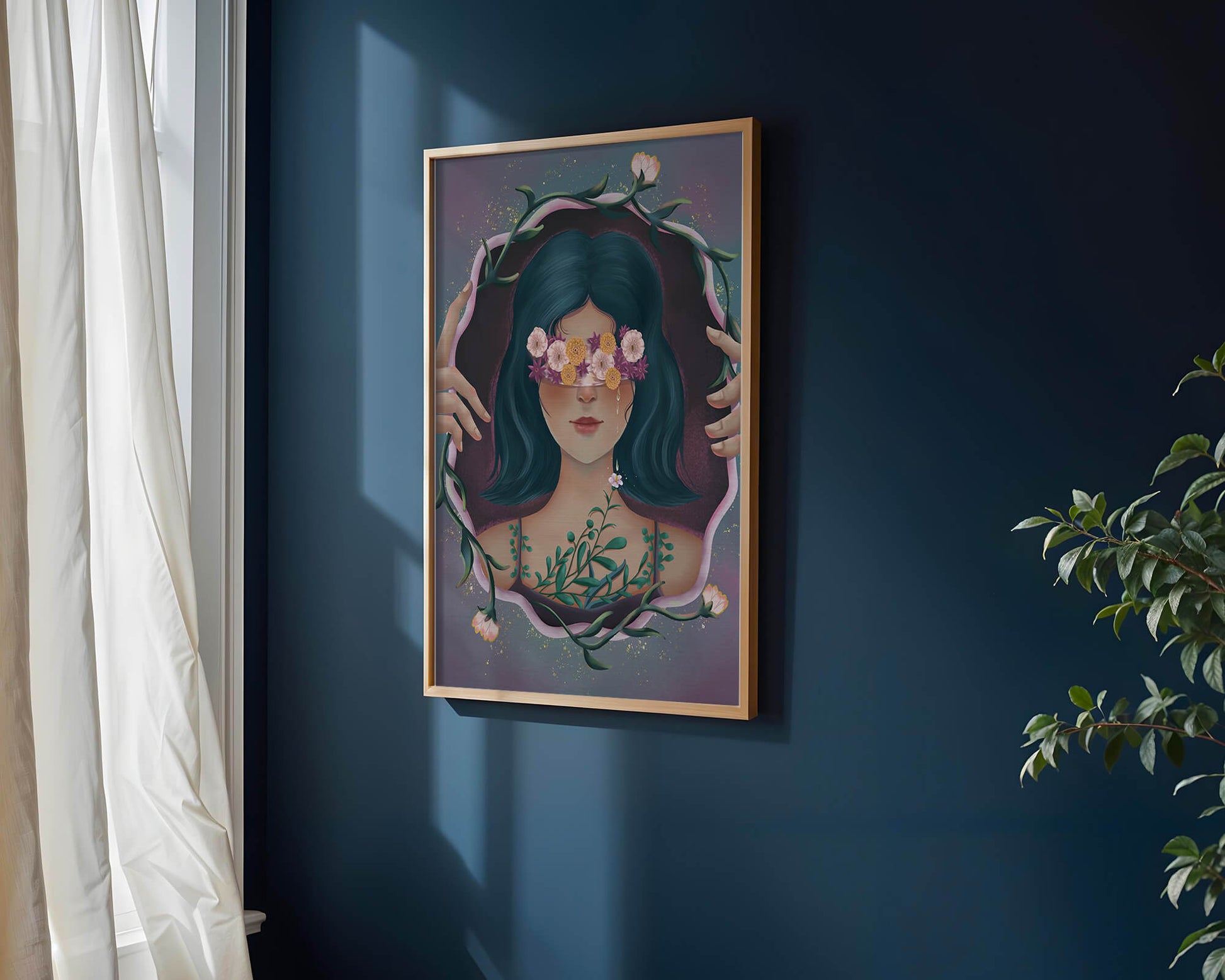 Retrato encantador de una mujer con ojos florales y cabello oscuro