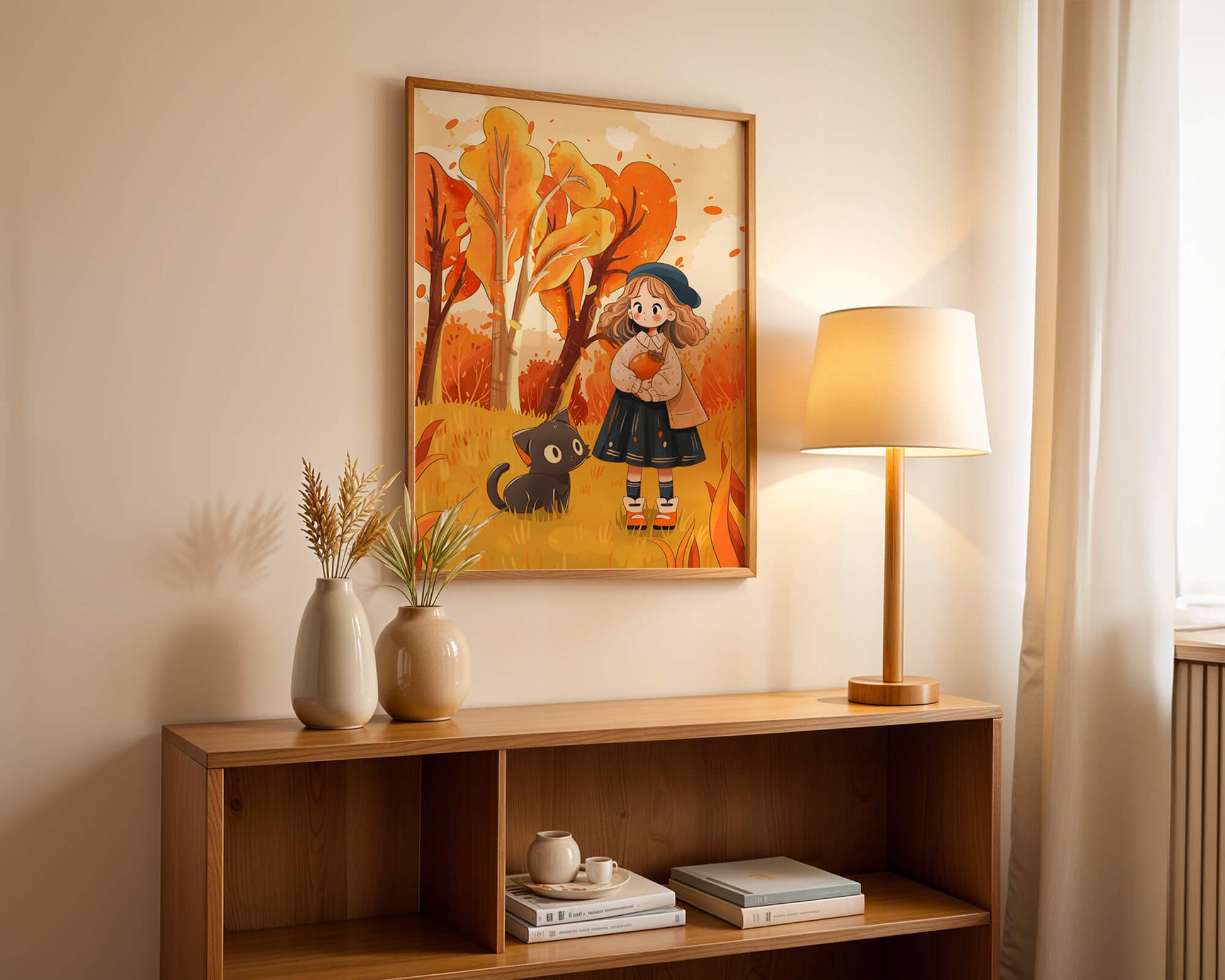 Girl with Cute Cat in Autumn Forest with Colorful Leaves