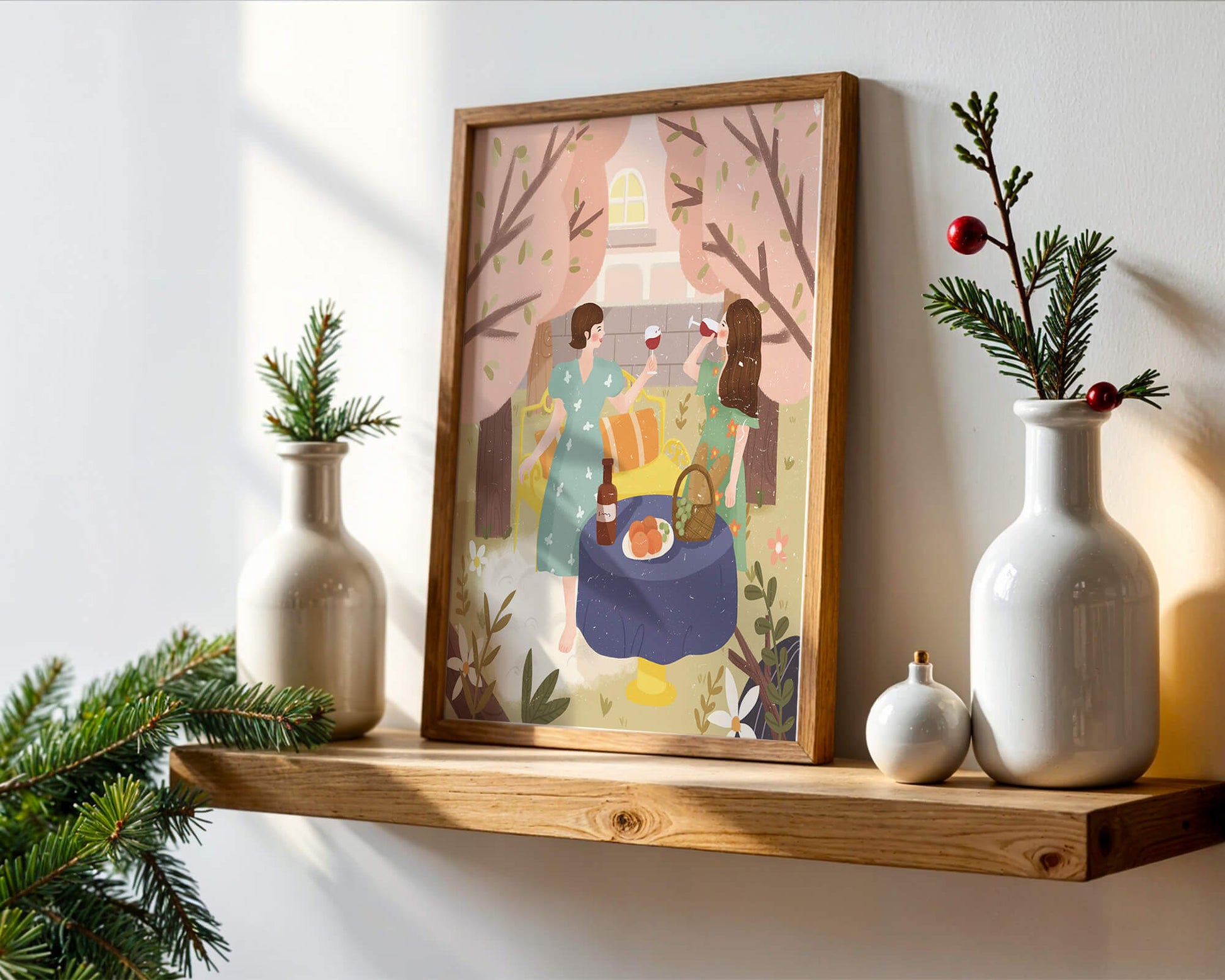 Reunión primaveral en el jardín con vino y frutas