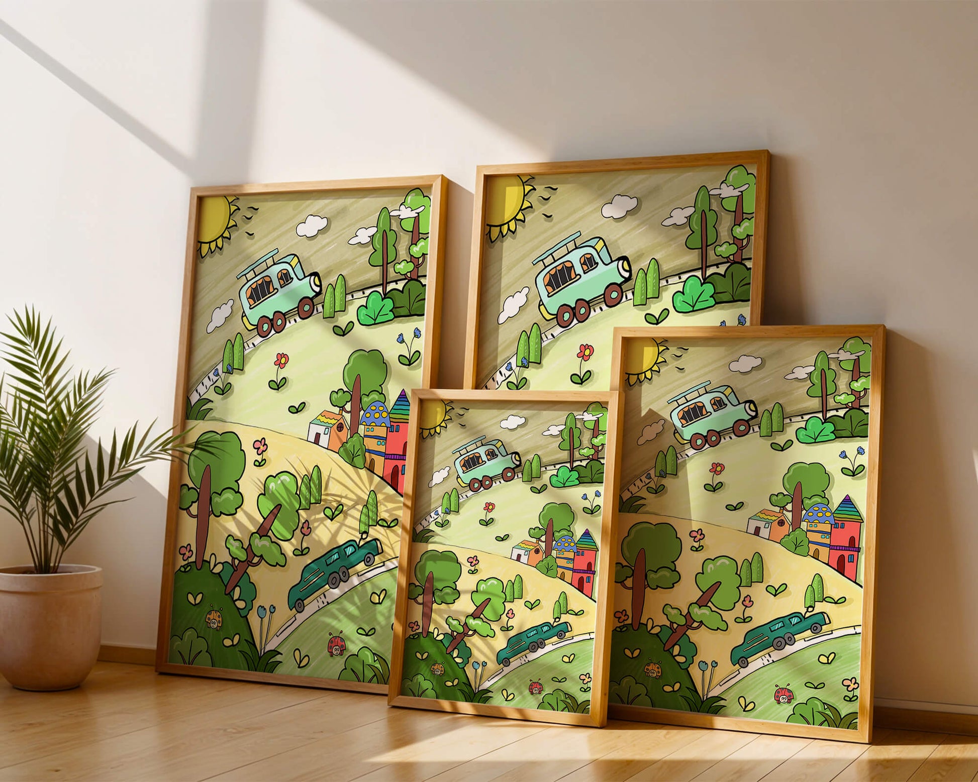 Whimsical landscape with houses, cars, and colorful flora