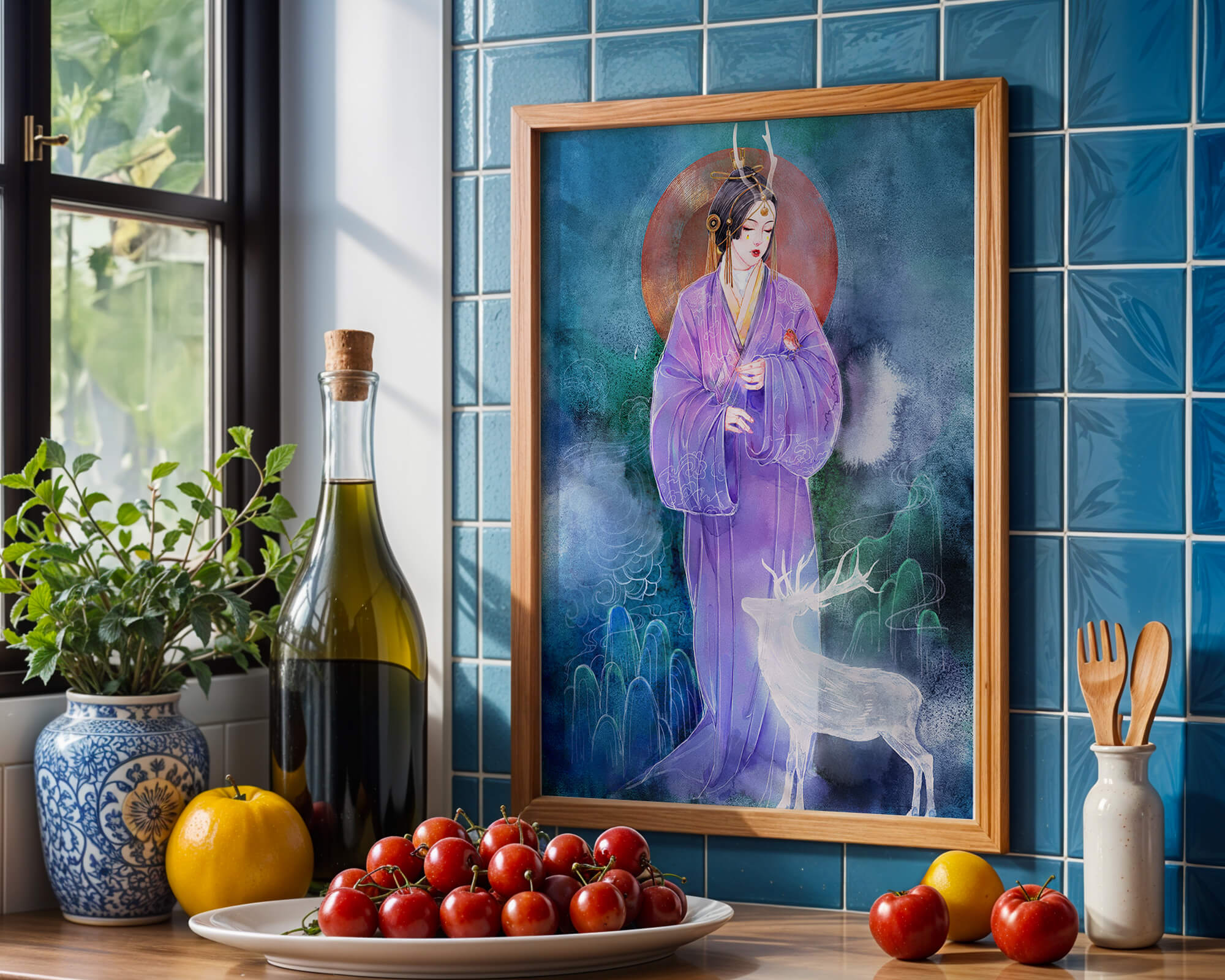 Elegant woman in traditional attire with a mystical deer set against a serene backdrop
