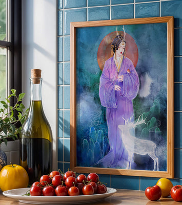 Elegant woman in traditional attire with a mystical deer set against a serene backdrop