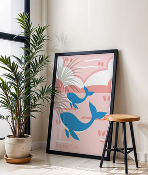 Playful whales illustration in pastel pink and blue