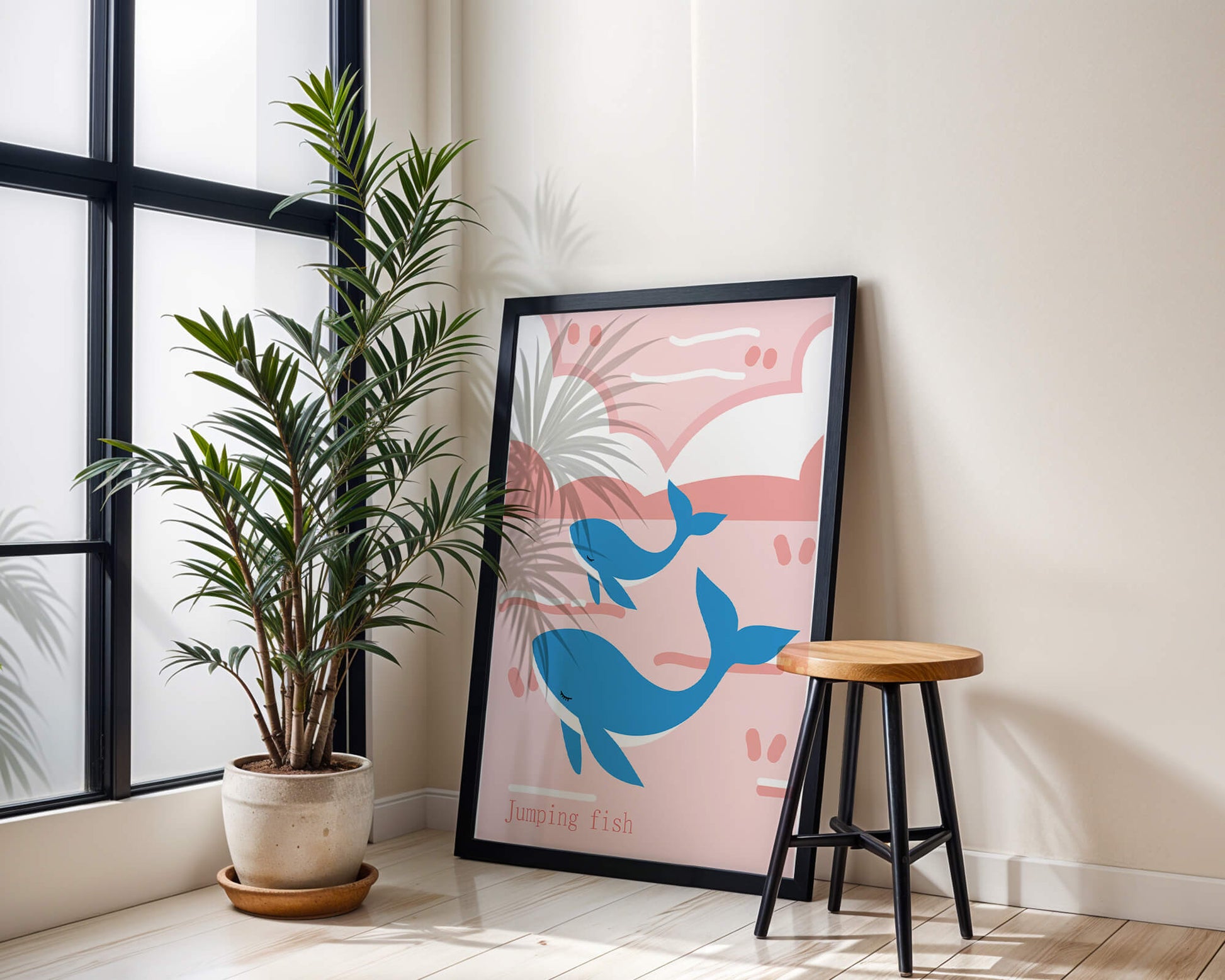 Playful whales illustration in pastel pink and blue