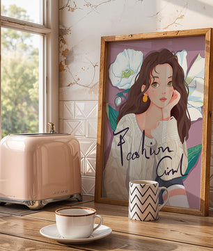 Illustrated fashion girl with floral background and purple theme