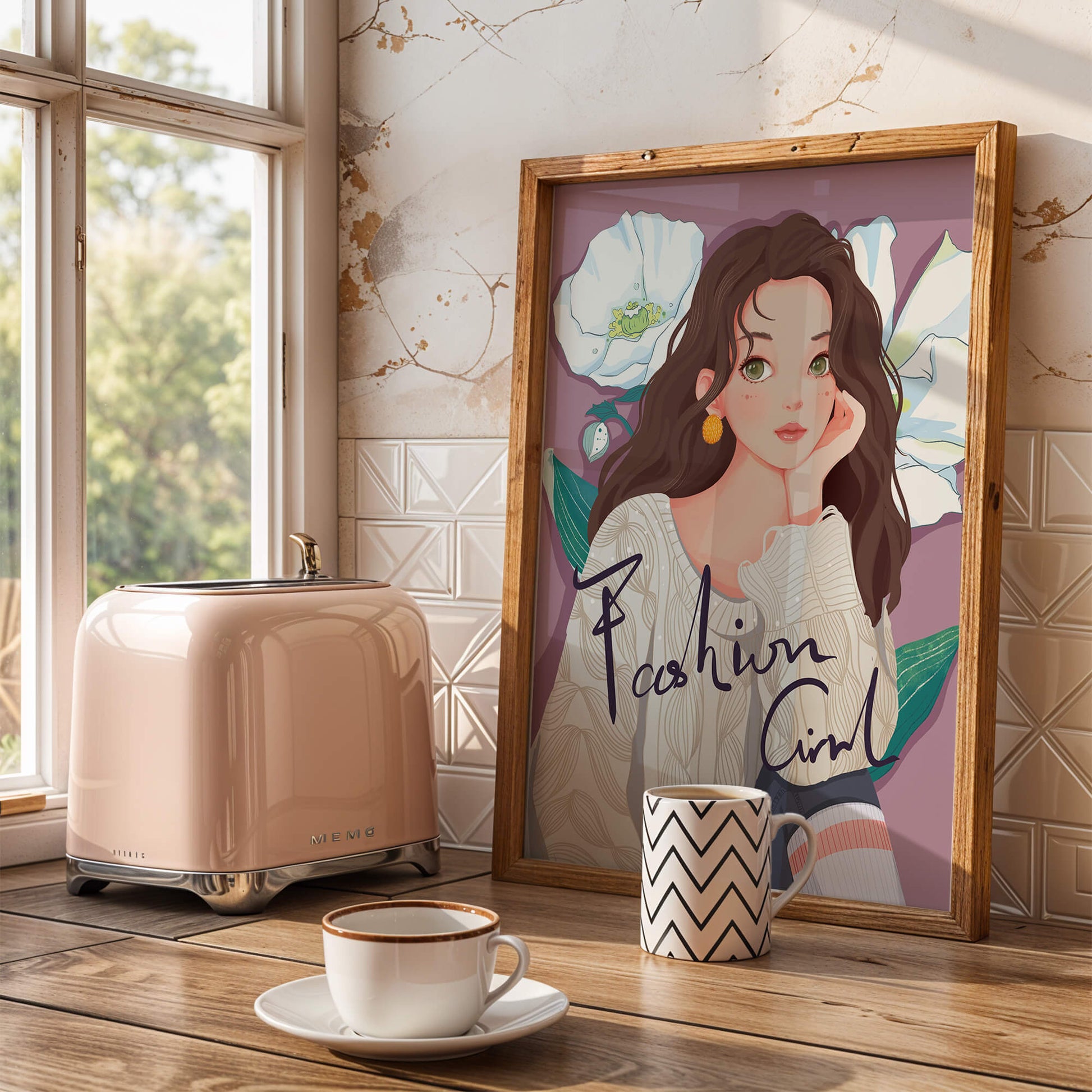 Illustrated fashion girl with floral background and purple theme