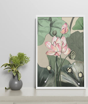 Illustrated lotus with playful cartoon bees in a serene garden