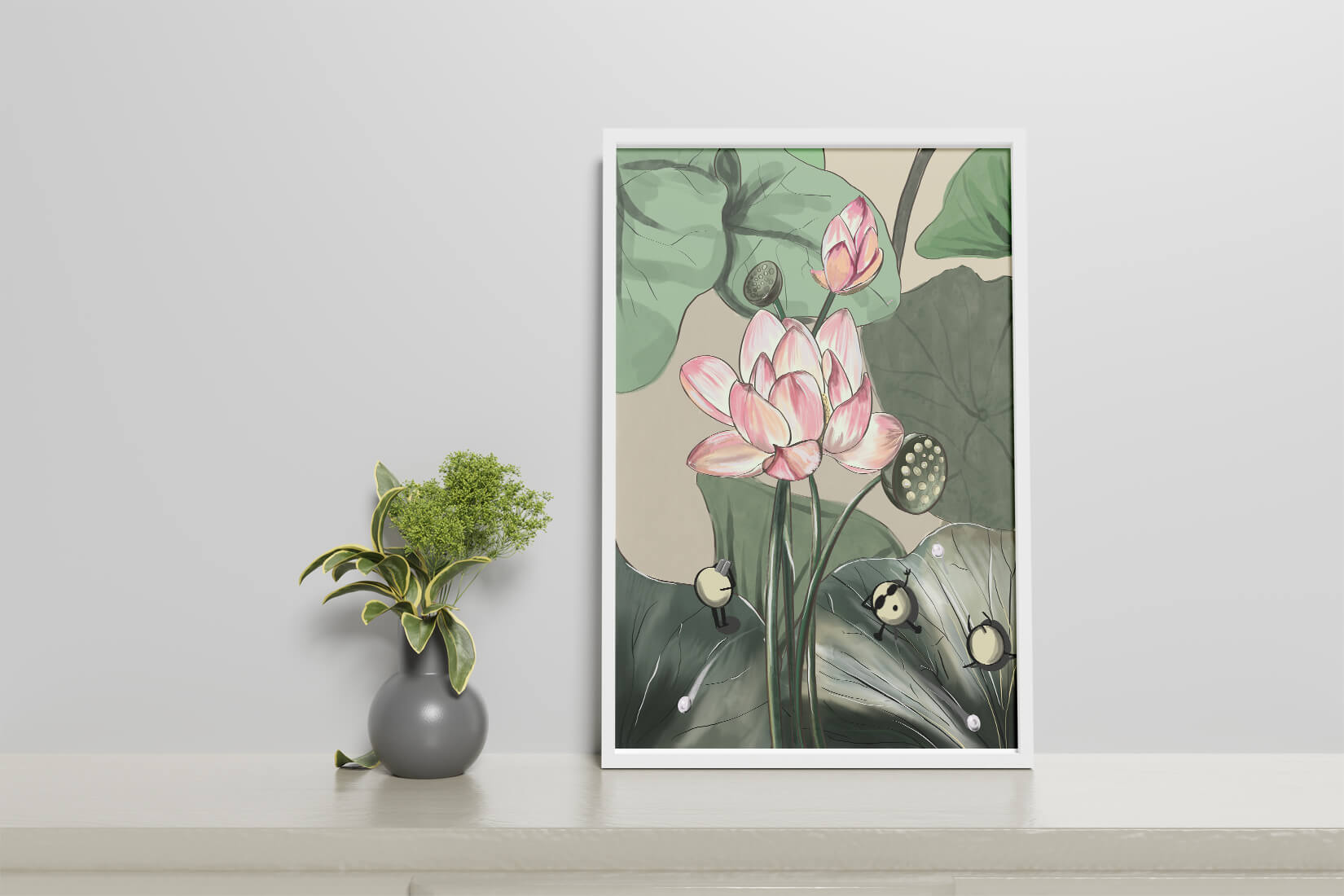 Illustrated lotus with playful cartoon bees in a serene garden
