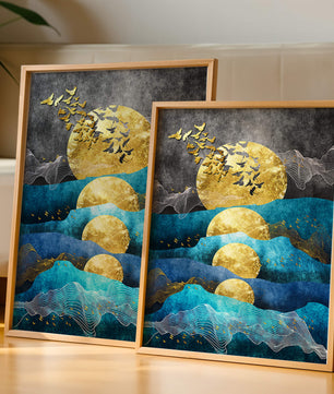 Abstract Landscape with Golden Sun and Flying Birds