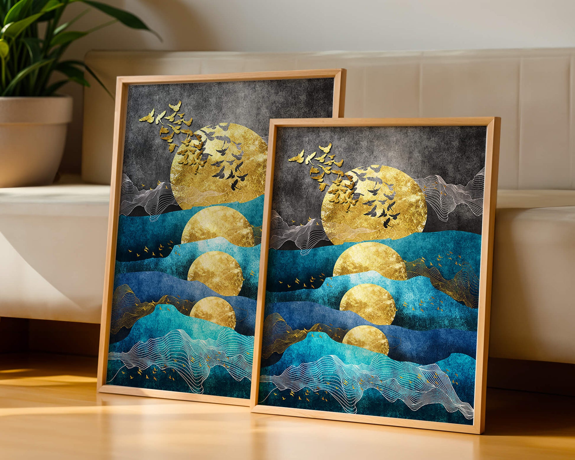 Abstract Landscape with Golden Sun and Flying Birds