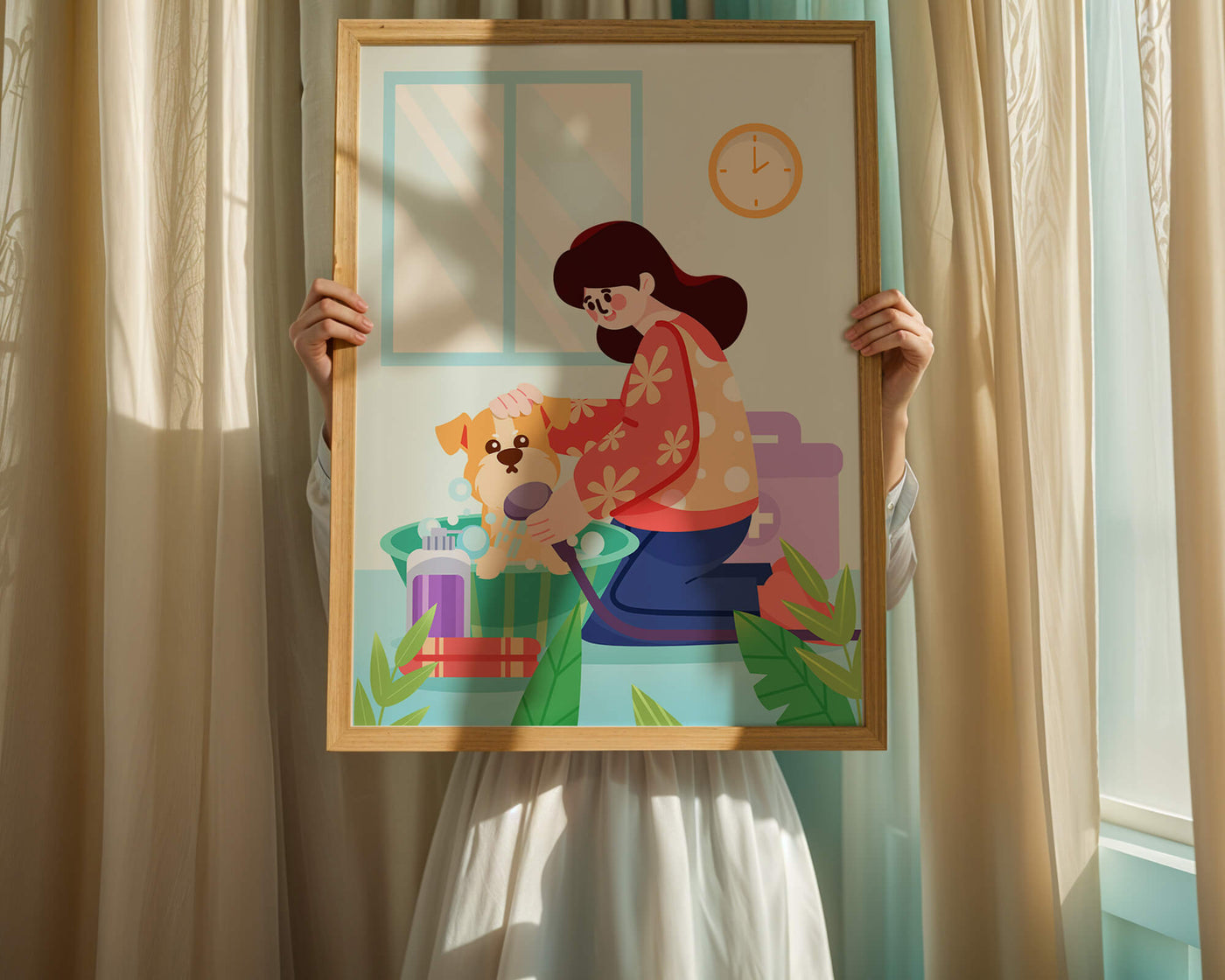 Woman giving a bath to a dog in a colorful bathroom setting