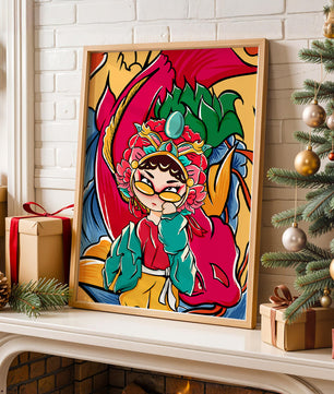Vibrant illustration featuring a character in traditional costume with dragon elements