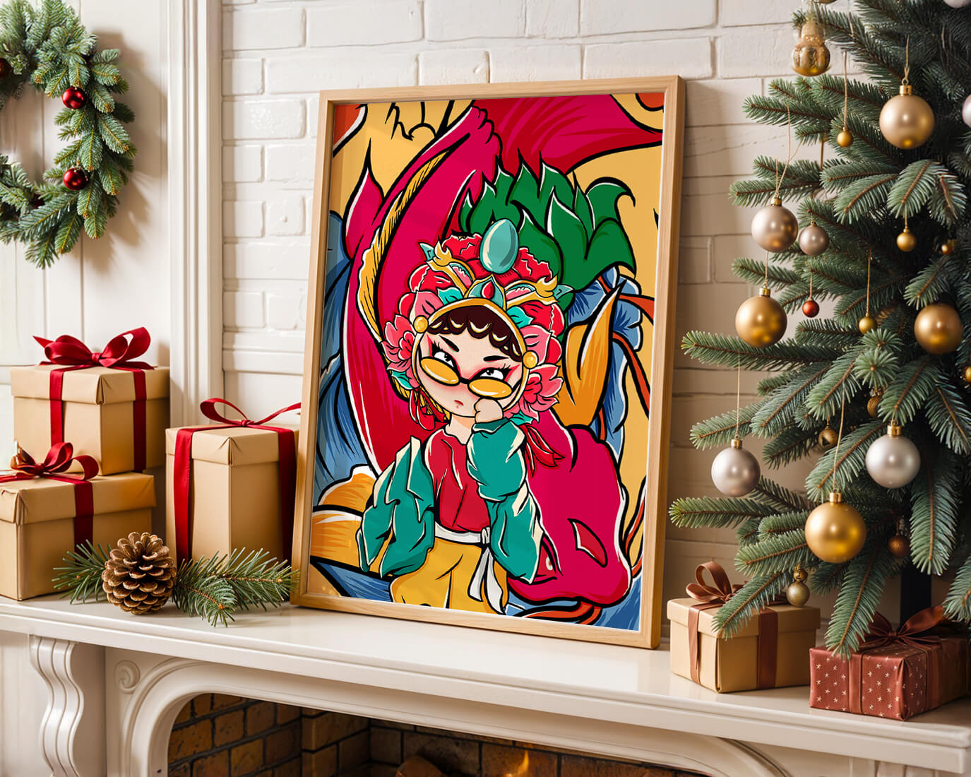 Vibrant illustration featuring a character in traditional costume with dragon elements