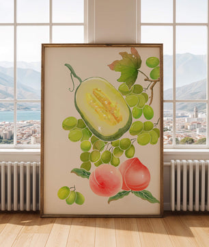 Ilustración de frutas vibrantes que incluye uvas, melón y duraznos