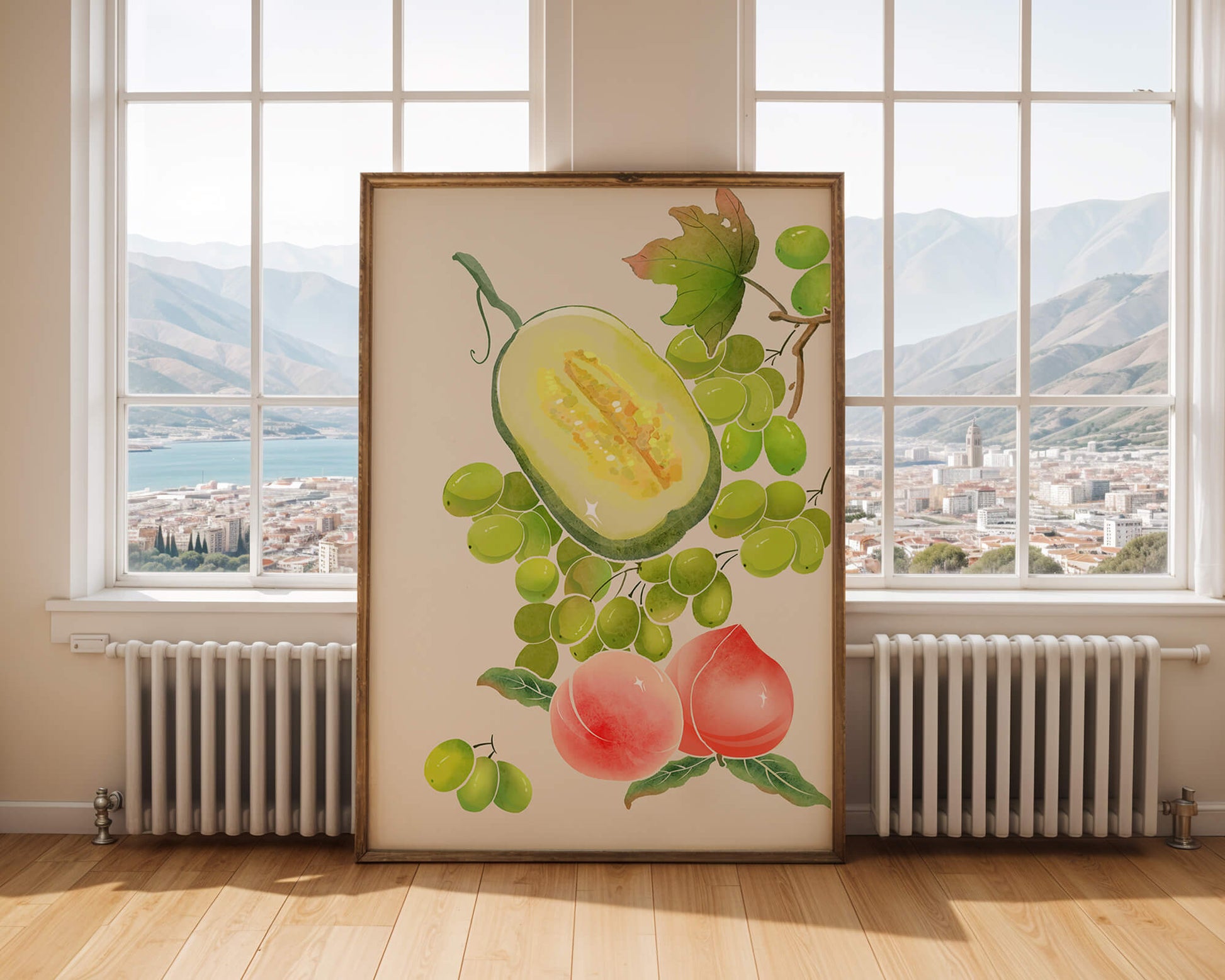 Ilustración de frutas vibrantes que incluye uvas, melón y duraznos